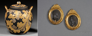 Wedgwood gilded black basalt potpourri, 1885 and medallions 1776 - courtesy Skinner Inc